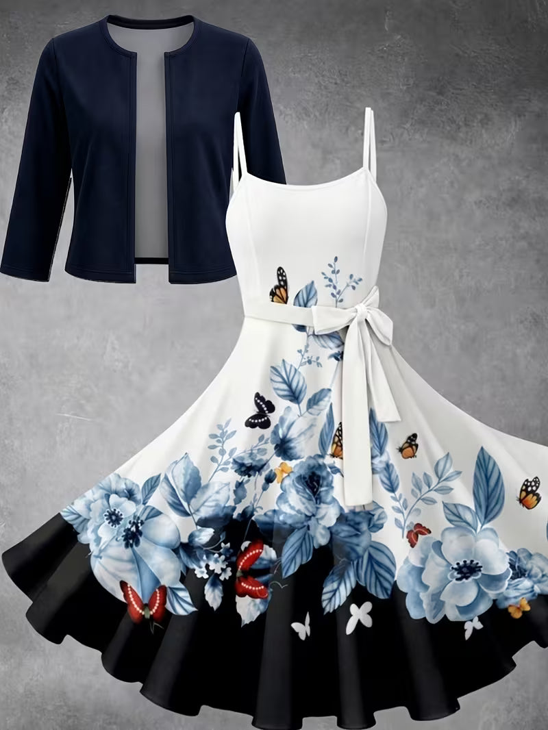 Elegant Floral Print 2-Piece Dress
