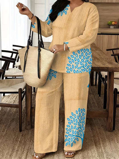 Women's Ethnic Leaf Print Boho Co-Ord Set – Long Sleeve Top & Wide-Leg Pants (2-Piece)