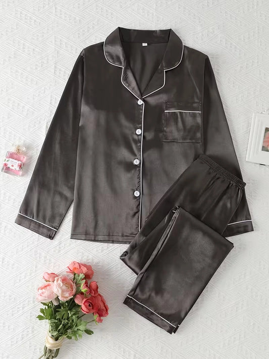 Women's 2-Piece Satin Stripe Pajama Set with Button-Up Shirt & Relaxed Shorts
