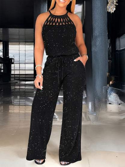Women’s Black Sequin Jumpsuit with Halter Neck & Wide-Leg Pants