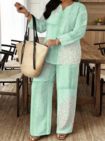 Women's Ethnic Leaf Print Boho Co-Ord Set – Long Sleeve Top & Wide-Leg Pants (2-Piece)