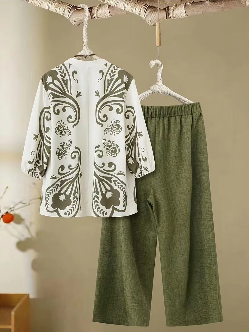 Plus Size Floral Elegance Co-Ord Set with Asymmetrical Tunic & Wide-Leg Pants