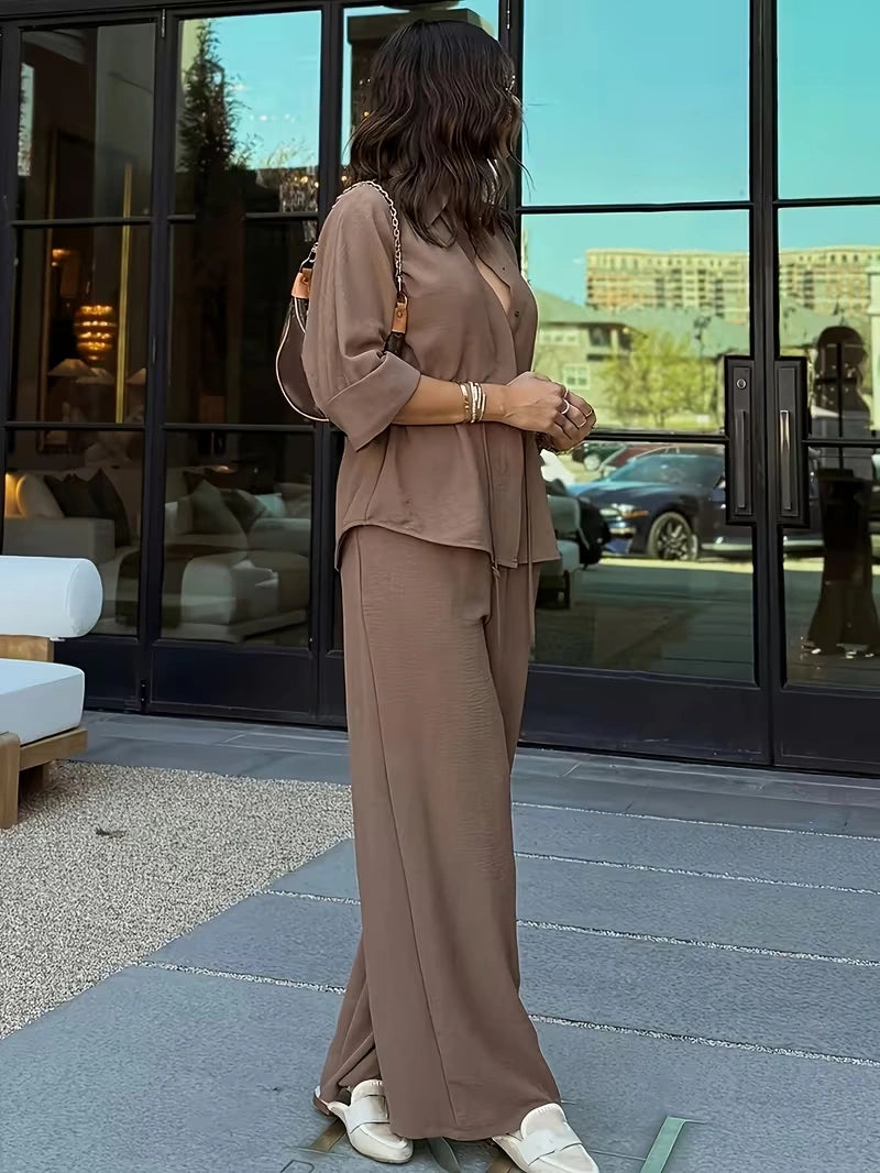 Relaxed Drawstring Co-Ord Set – Lapel Long Sleeve Top & Wide-Leg Pants