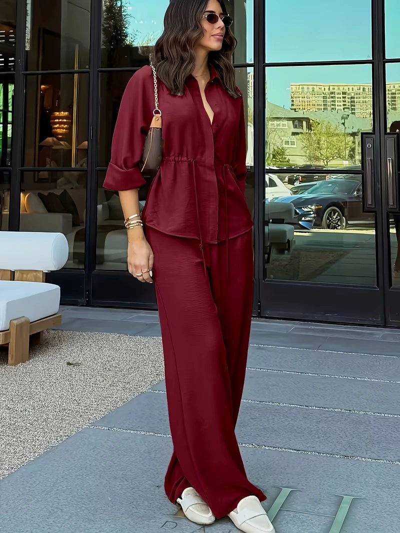 Relaxed Drawstring Co-Ord Set – Lapel Long Sleeve Top & Wide-Leg Pants