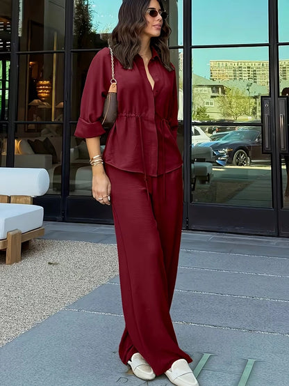 Relaxed Drawstring Co-Ord Set – Lapel Long Sleeve Top & Wide-Leg Pants