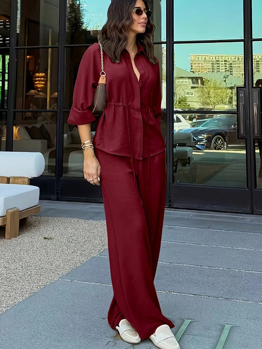 Relaxed Drawstring Co-Ord Set – Lapel Long Sleeve Top & Wide-Leg Pants