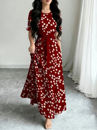 Women's Timeless Polka Dot Midi Dress – Puff Sleeve Belted Fit & Flare Dress