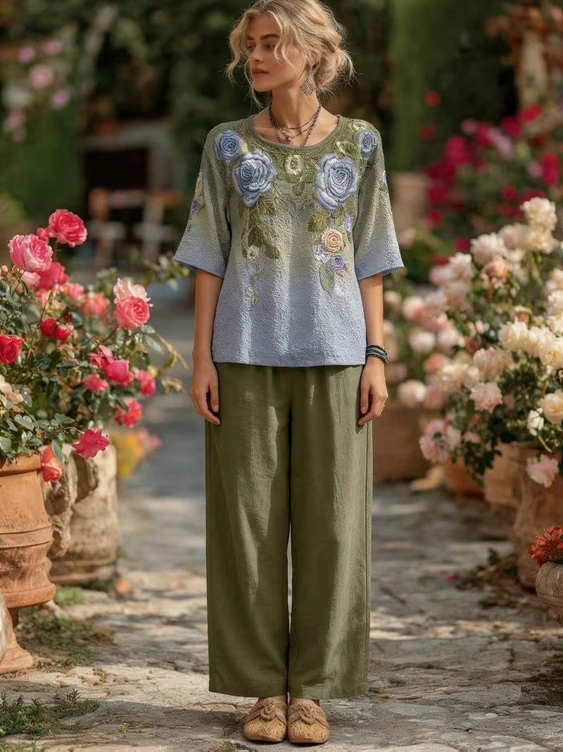 Women's Vintage Floral Wide-Leg Co-Ord Set – Elegant 2-Piece Outfit