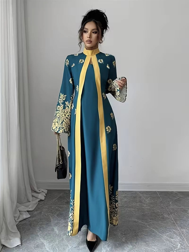 Women's Elegant Floral Print Maxi Dress | Long Sleeve A-Line Party & Evening Dress