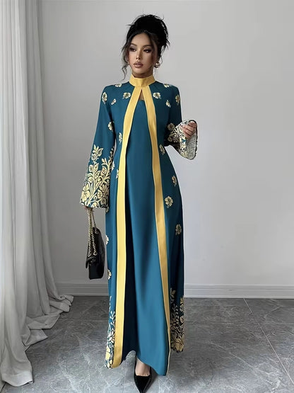 Women's Elegant Floral Print Maxi Dress | Long Sleeve A-Line Party & Evening Dress