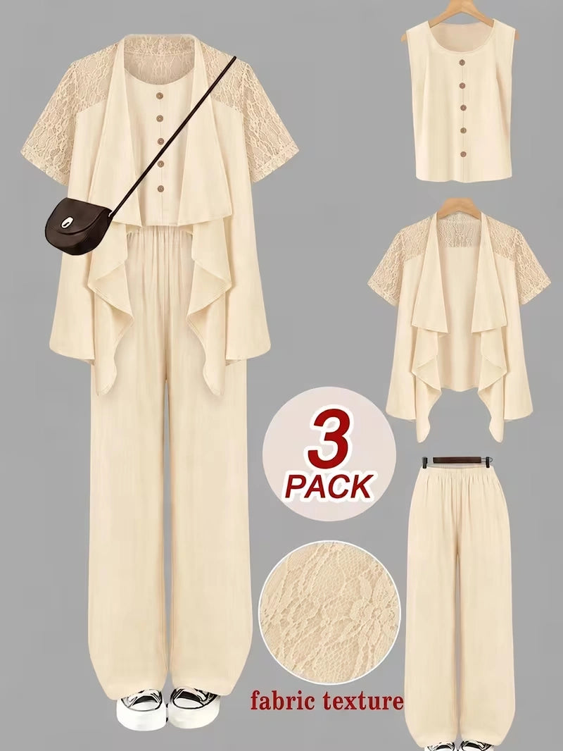 Elegant 3-Piece Co-Ord Set – Cardigan Jacket, Sleeveless Top & Relaxed Pants