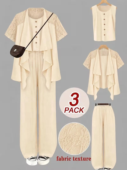 Elegant 3-Piece Co-Ord Set – Cardigan Jacket, Sleeveless Top & Relaxed Pants