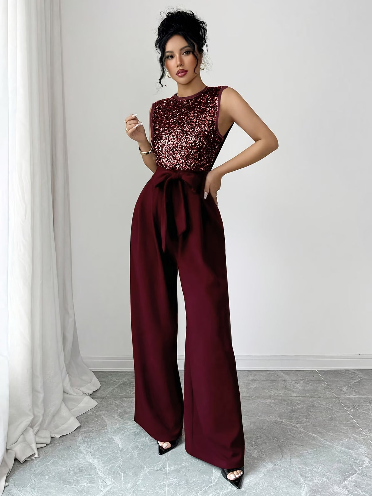 Women’s Maroon Sequin Top & Wide-Leg Palazzo Pants Set
