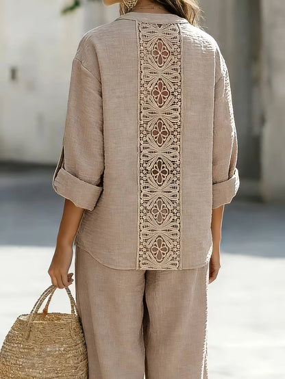 Elegant Lace Back Co-Ord Set – Relaxed Shirt & Wide-Leg Pants for Effortless Style