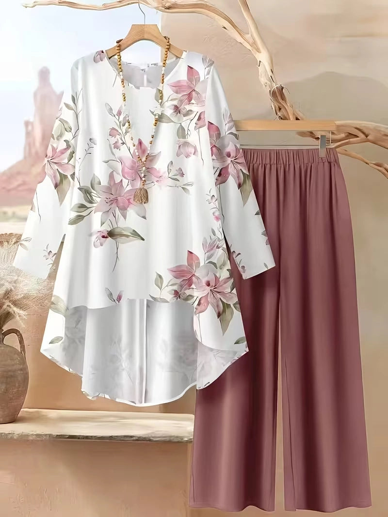 Plus Size Floral Elegance Co-Ord Set with Asymmetrical Tunic & Wide-Leg Pants