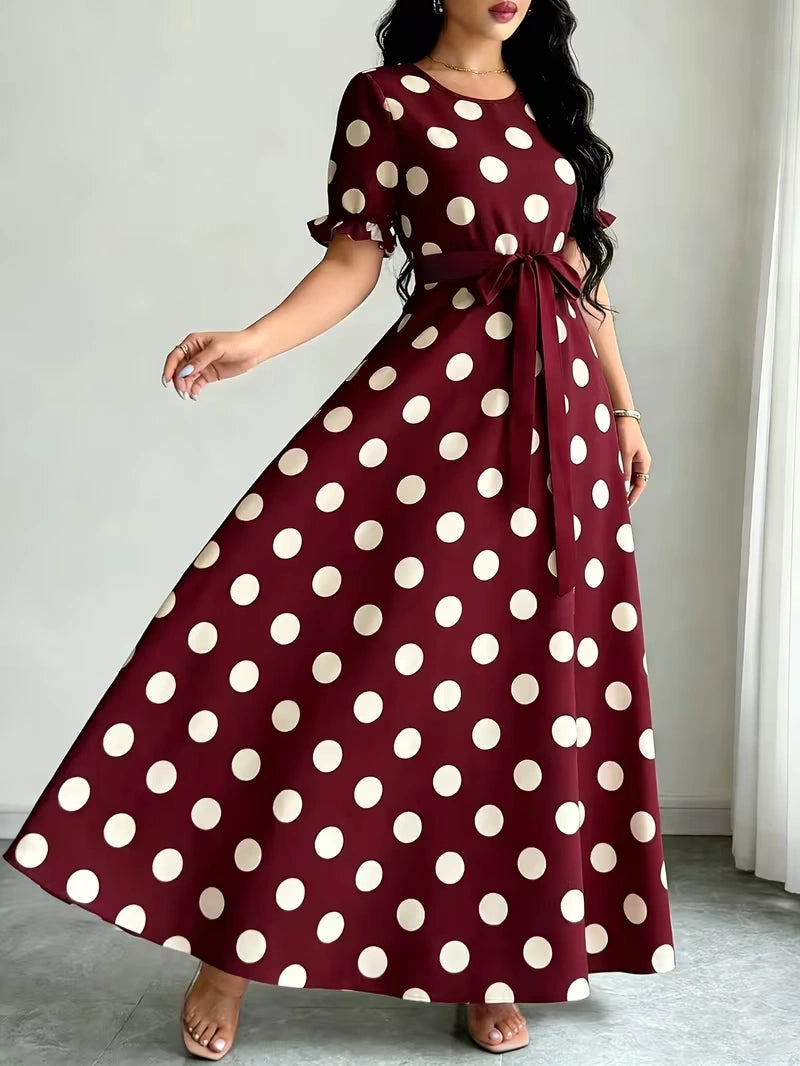 Women's Timeless Polka Dot Midi Dress – Puff Sleeve Belted Fit & Flare Dress