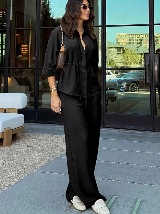 Relaxed Drawstring Co-Ord Set – Lapel Long Sleeve Top & Wide-Leg Pants