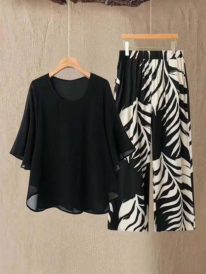 Chiffon Co-Ord Set – Batwing Sleeve Loose Top & Wide-Leg Pants (2-Piece)