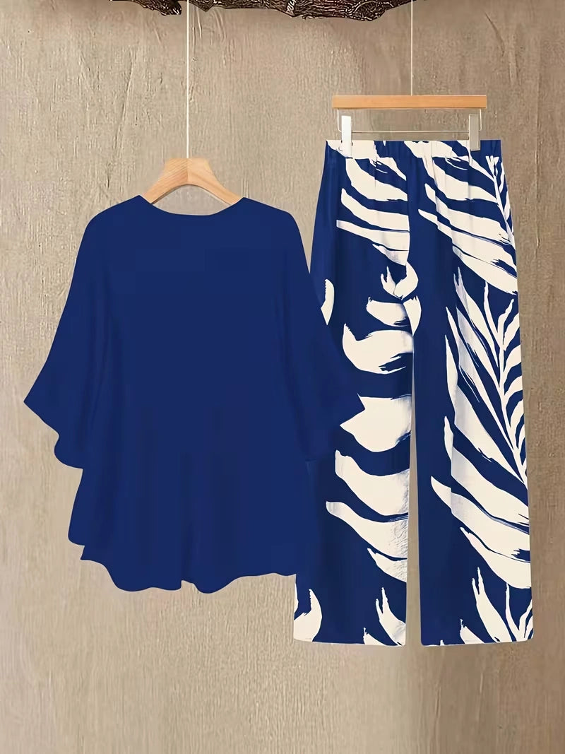 Chiffon Co-Ord Set – Batwing Sleeve Loose Top & Wide-Leg Pants (2-Piece)