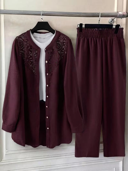 Elegant Lace Back Co-Ord Set – Relaxed Shirt & Wide-Leg Pants for Effortless Style
