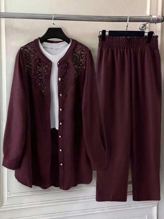 Elegant Lace Back Co-Ord Set – Relaxed Shirt & Wide-Leg Pants for Effortless Style