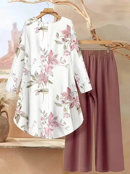 Plus Size Floral Elegance Co-Ord Set with Asymmetrical Tunic & Wide-Leg Pants