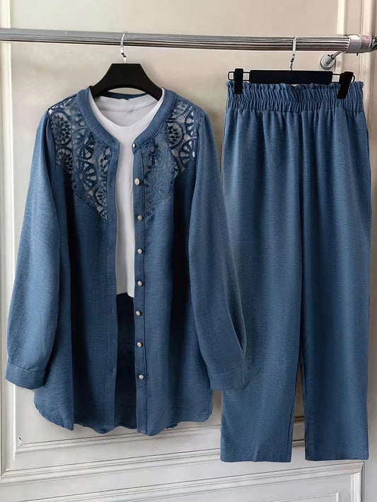 Elegant Lace Back Co-Ord Set – Relaxed Shirt & Wide-Leg Pants for Effortless Style