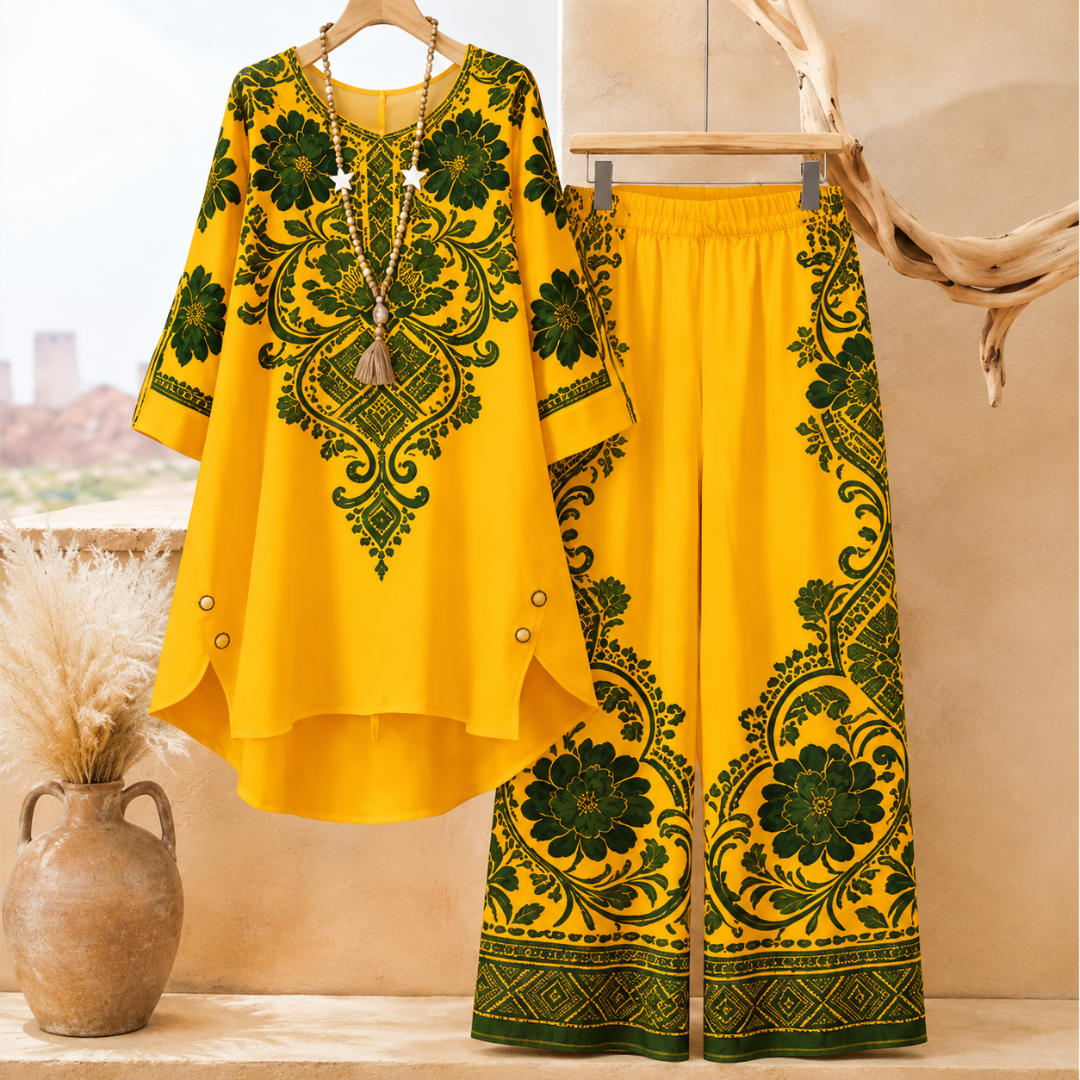 Women's Elegant Floral Printed Long Sleeve Tunic Top & Wide Leg Pants Co-Ord Set