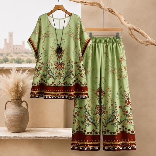 Women's Vintage Floral Print Oversized Top & Wide Leg Pants Co-Ord Set
