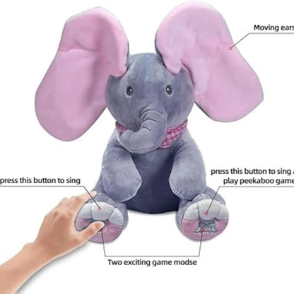Interactive Peek-a-Boo Elephant Plush Toy with Music & Moving Ears for Babies (Blue)