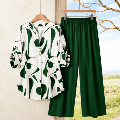 Elegant Abstract Print Shirt & Wide-Leg Pants Set