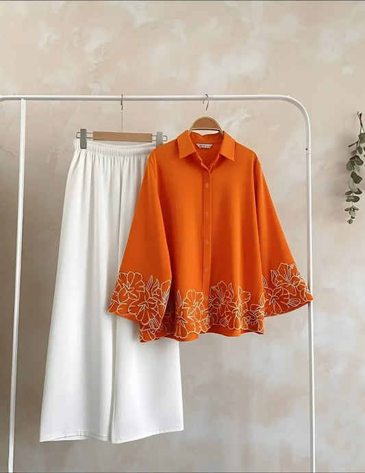 Women’s Floral Embroidered Shirt & Wide-Leg Pants Co-Ord Set