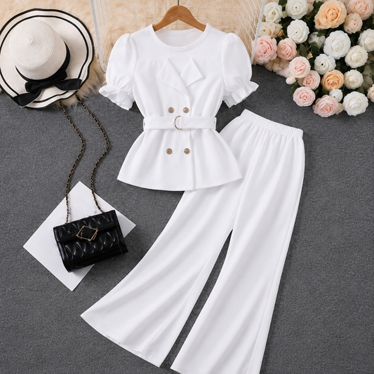 Women's Elegant Puff Sleeve Belted Blazer Top & Wide Leg Pants Co-Ord Set
