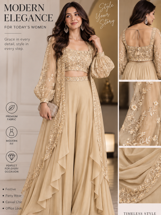 Ivory Luxe Embroidered Cape Palazzo Set | Modern 3-Piece Partywear