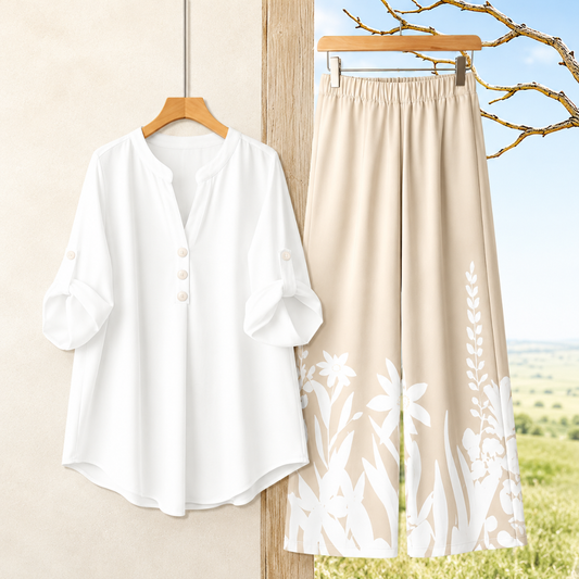 Women's Minimalist Button-Front Tunic Top & Floral Print Wide Leg Pants Co-Ord Set