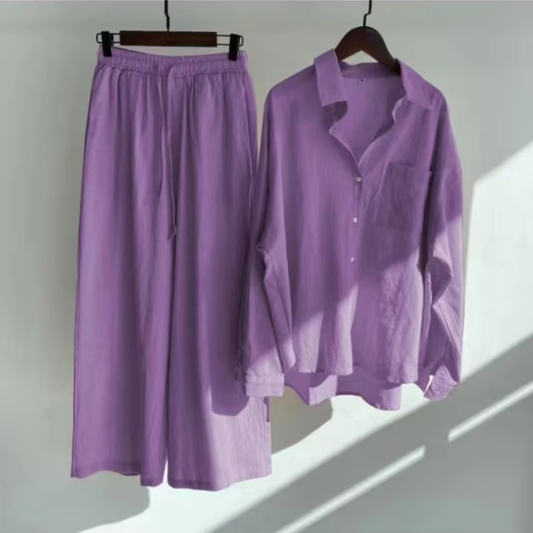 Vintage Chic Oversized Shirt & Wide-Leg Pants Co-Ord Set