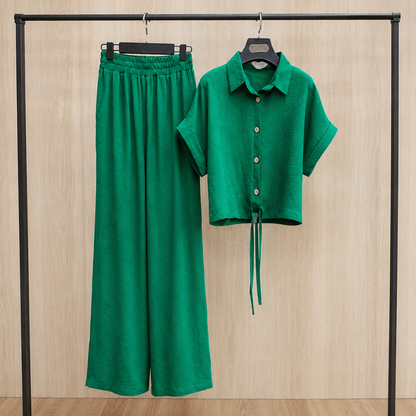 Women's Solid Button-Down Crop Shirt & Wide Leg Pants Co-Ord Set