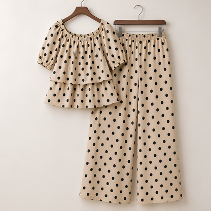 Women's Off-Shoulder Polka Dot Ruffle Top & Wide Leg Pants Co-Ord Set