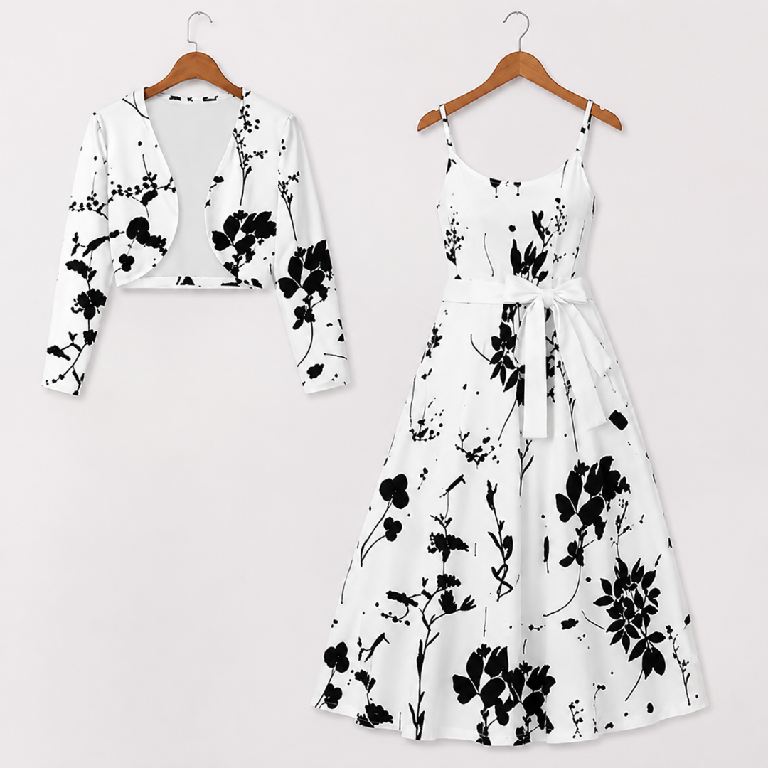 Women's Floral Printed Party Wear Midi Dress with Matching Shrug