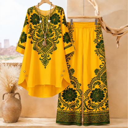 Women's Elegant Floral Printed Long Sleeve Tunic Top & Wide Leg Pants Co-Ord Set