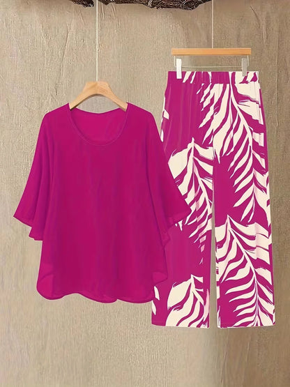 Chiffon Co-Ord Set – Batwing Sleeve Loose Top & Wide-Leg Pants (2-Piece)