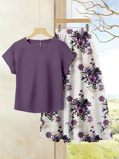 Women's Summer Casual Skirt Co-Ord Set | Solid Top & Printed Skirt 2-Piece Outfit
