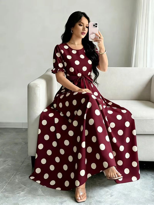Women's Timeless Polka Dot Midi Dress – Puff Sleeve Belted Fit & Flare Dress