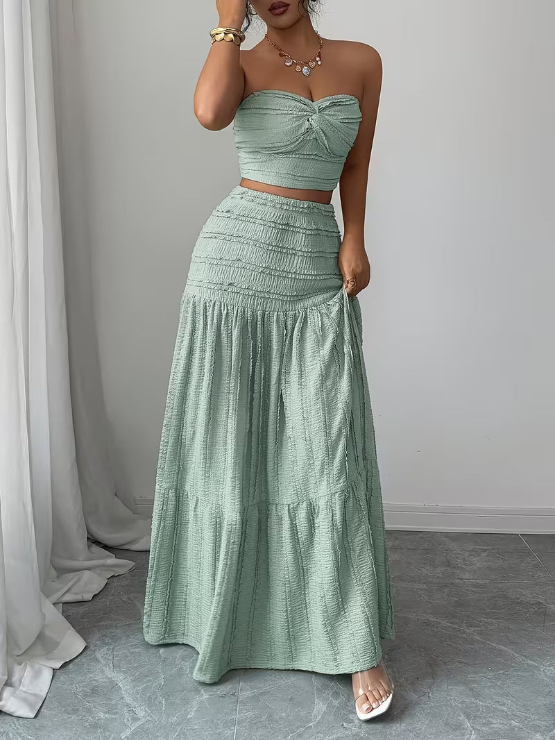Women’s Mint Green Ruched Crop Top & Maxi Skirt Co-Ord Set
