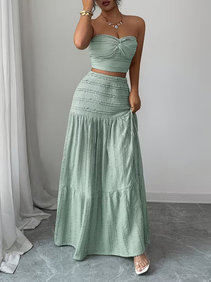 Women’s Mint Green Ruched Crop Top & Maxi Skirt Co-Ord Set