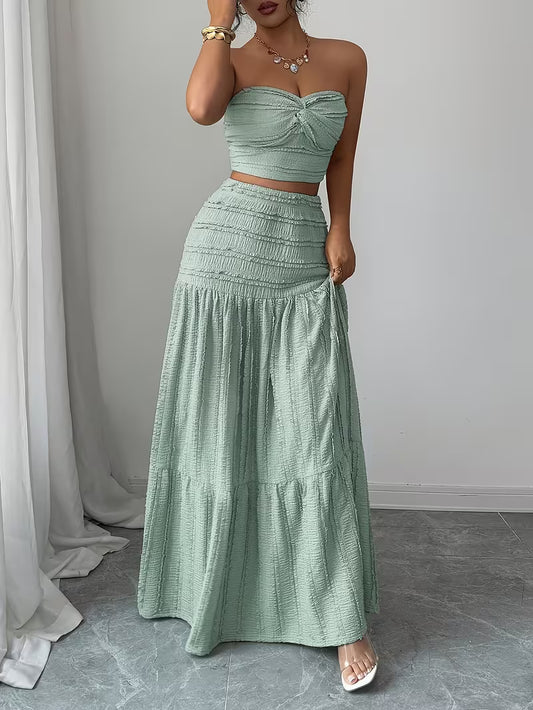 Women’s Mint Green Ruched Crop Top & Maxi Skirt Co-Ord Set