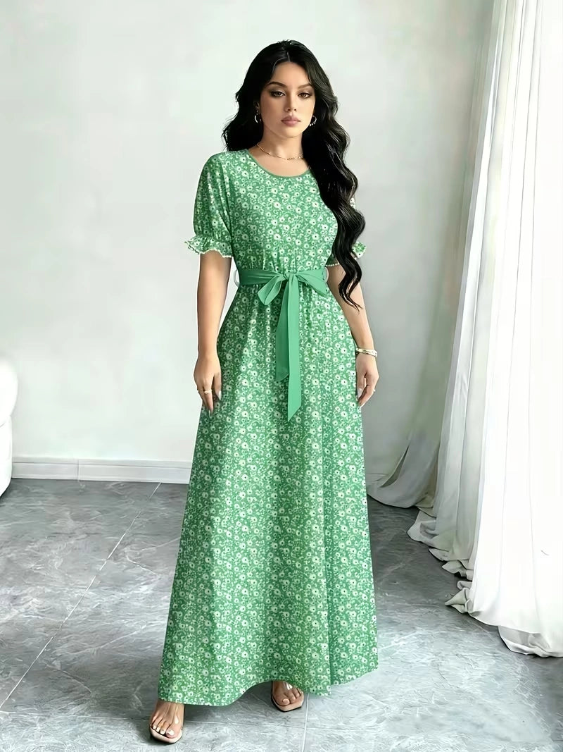 Women's Timeless Polka Dot Midi Dress – Puff Sleeve Belted Fit & Flare Dress