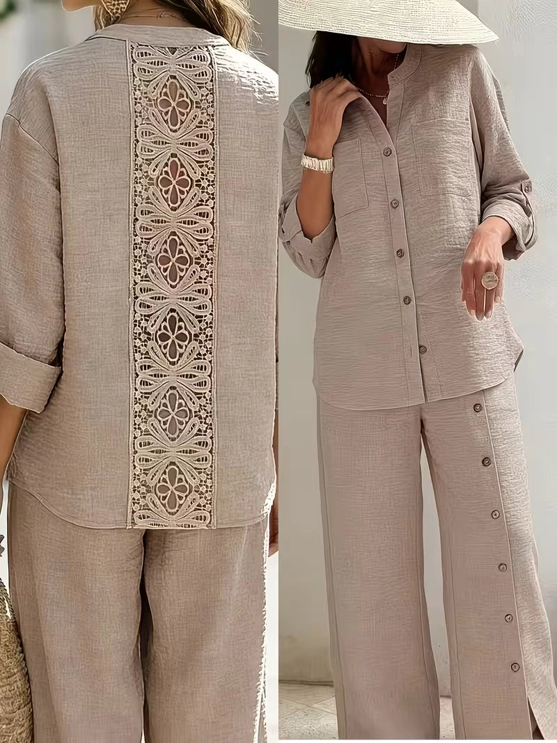 Elegant Lace Back Co-Ord Set – Relaxed Shirt & Wide-Leg Pants for Effortless Style