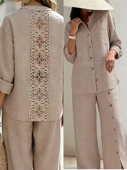 Elegant Lace Back Co-Ord Set – Relaxed Shirt & Wide-Leg Pants for Effortless Style