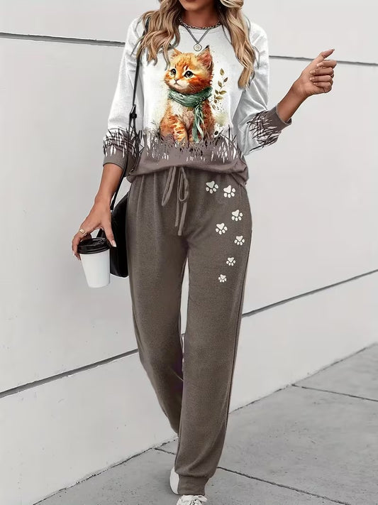 Women's Plus Size Cat Print Casual 2-Piece Outfit | Long Sleeve Crew Neck Top & High Waist Lace-Up Pants | Spring & Autumn Co-Ord Set